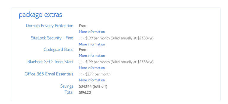 Bluehost Package Extras Explanation