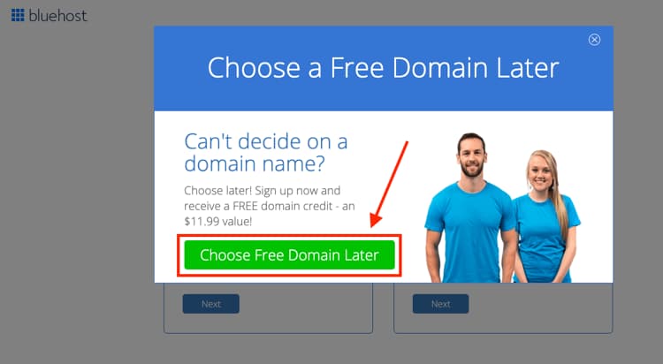 Bluehost Popup Choosing a Domain Name Later