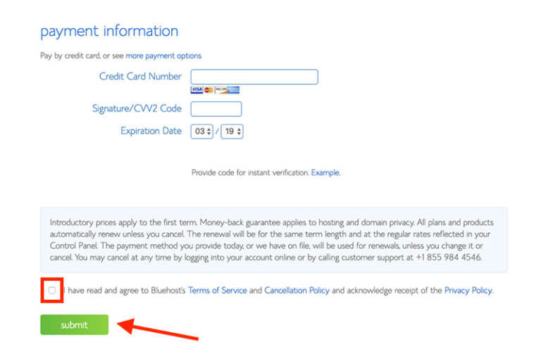 Bluehost Web Hosting Checkout Payment Information Page